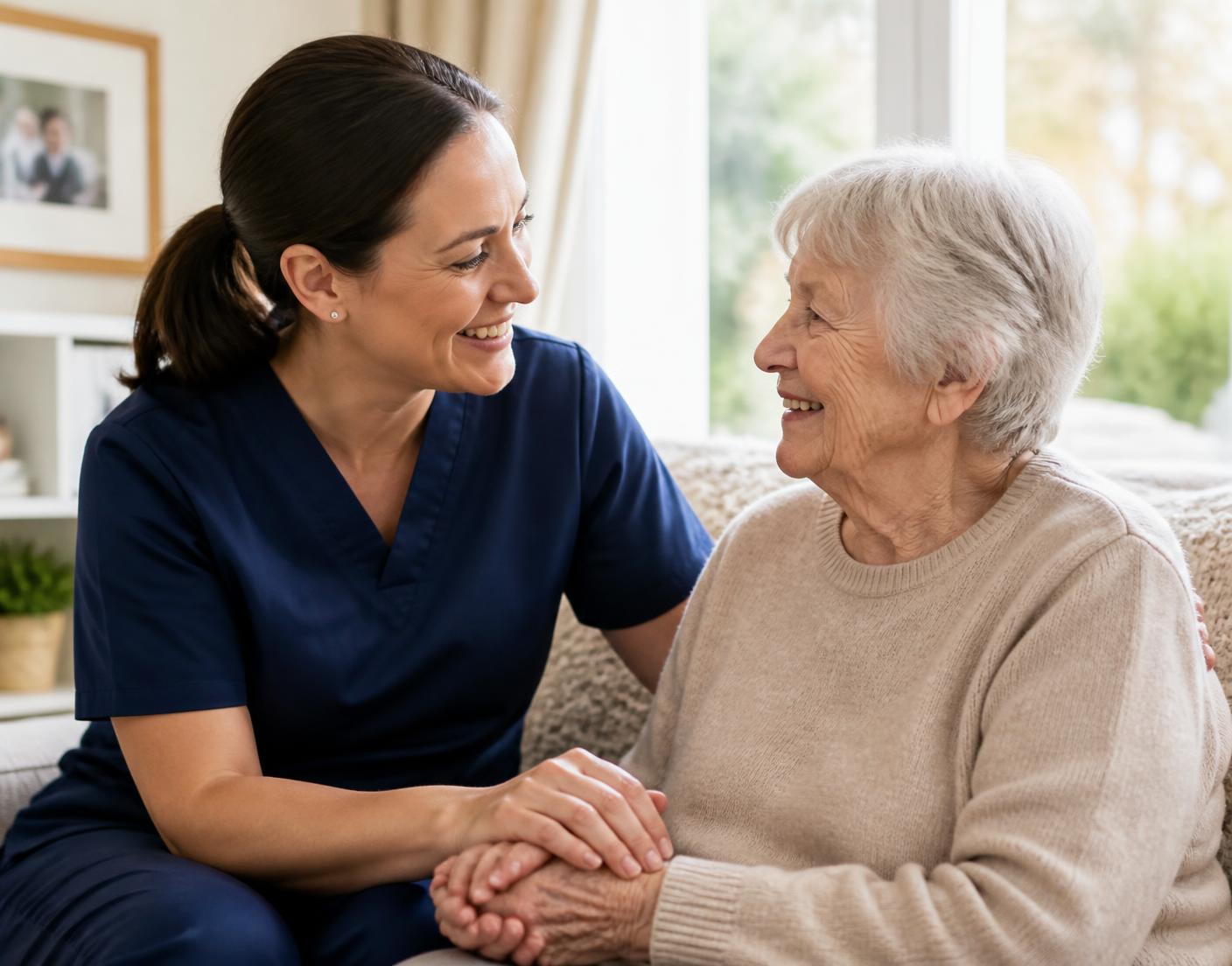 Caregiver smiling at elderly senior woman. | Maaya Care (Home Care)